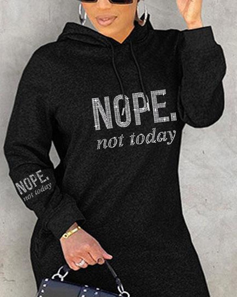 Plus Size Rhinestone Nope Not Today Slogan Pattern Hooded Sweatshirt Dress