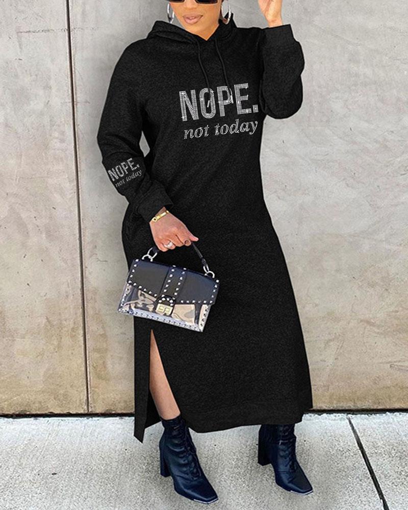 Plus Size Rhinestone Nope Not Today Slogan Pattern Hooded Sweatshirt Dress