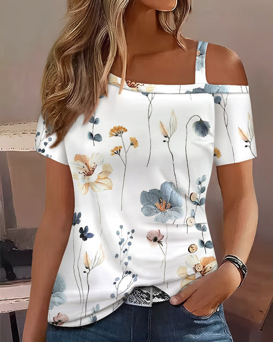Floral Print Cold Shoulder T shirt
