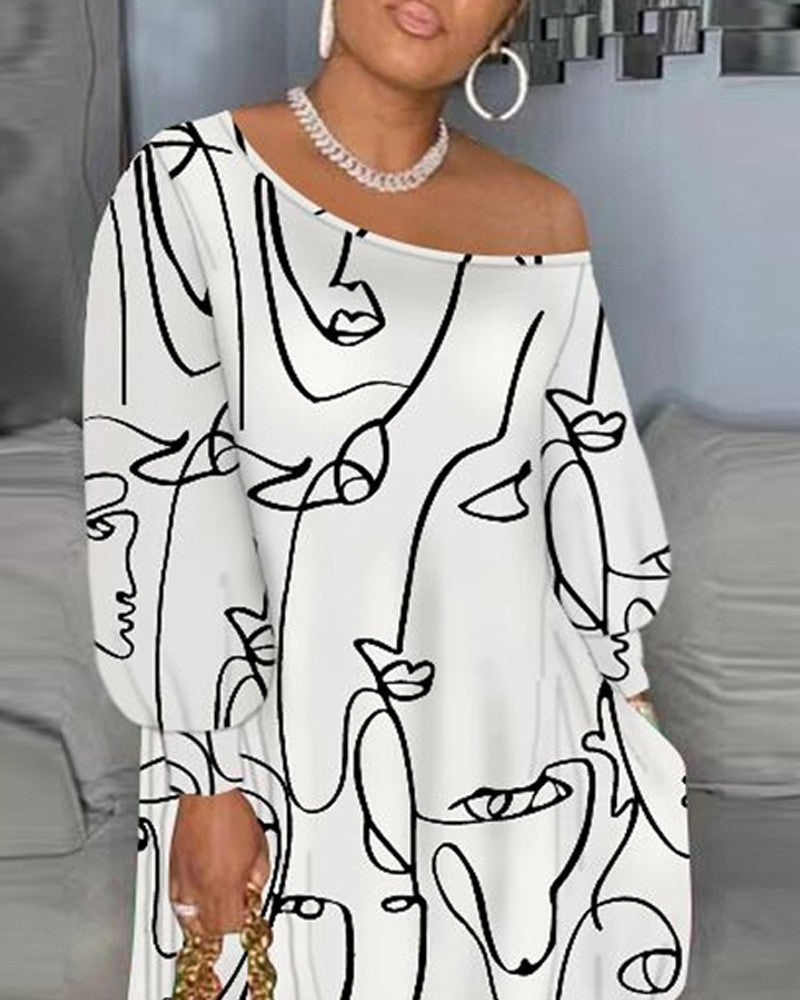 Plus Size Abstract Figure Print Lantern Sleeve Maxi Dress