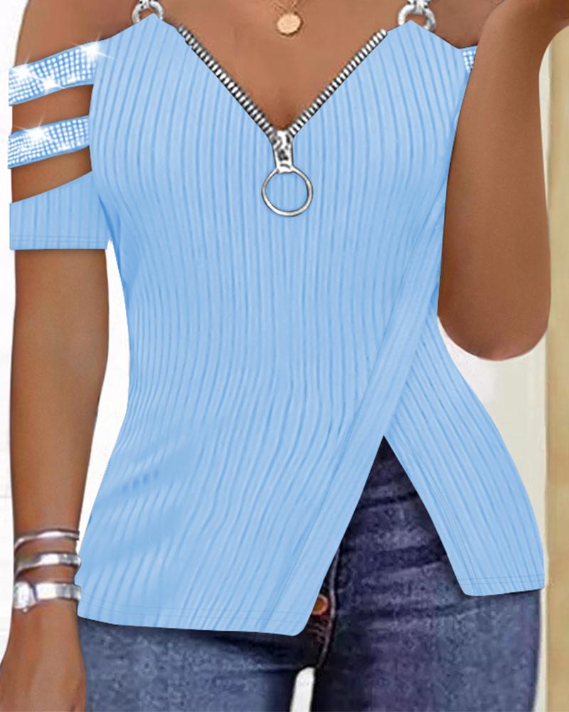 Rhinestone Decor Zip Detail Split Hem Cold Shoulder Top