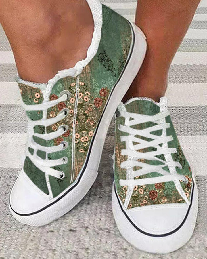 Floral Tribal Print Raw Hem Lace up Sneakers