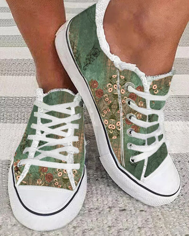 Floral Tribal Print Raw Hem Lace up Sneakers