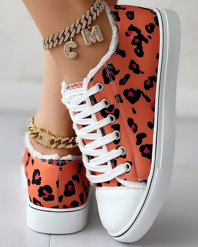 Leopard Print Raw Hem Lace up Canvas Sneakers