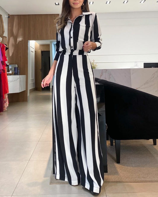 Striped Pocket Design Shirt & Wide Leg Pants Set
