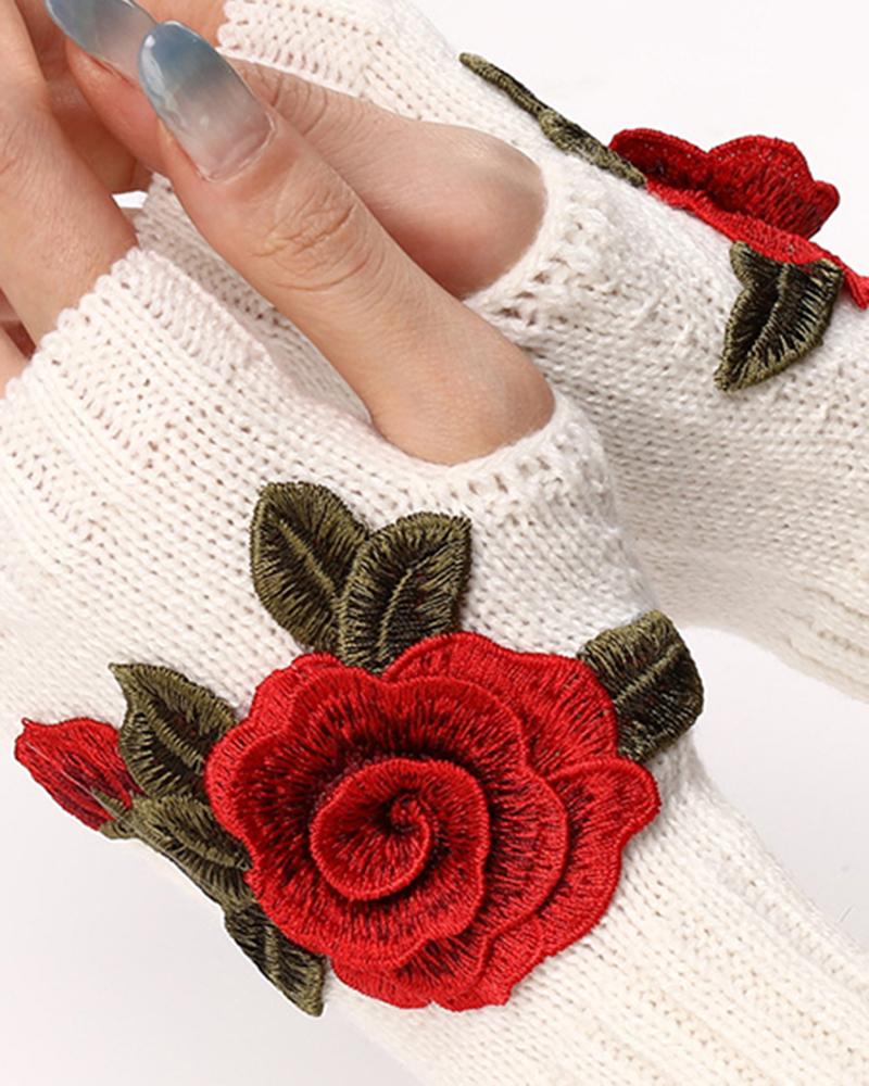 1Pair Floral Embroidery Fingerless Winter Knit Warm Gloves