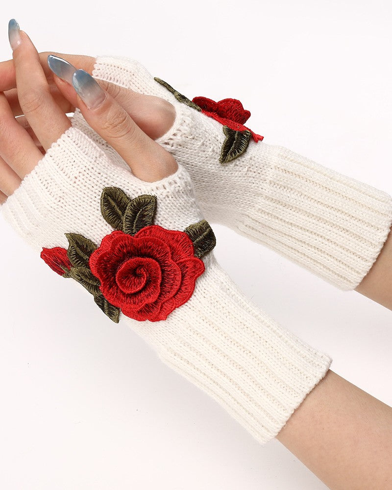 1Pair Floral Embroidery Fingerless Winter Knit Warm Gloves