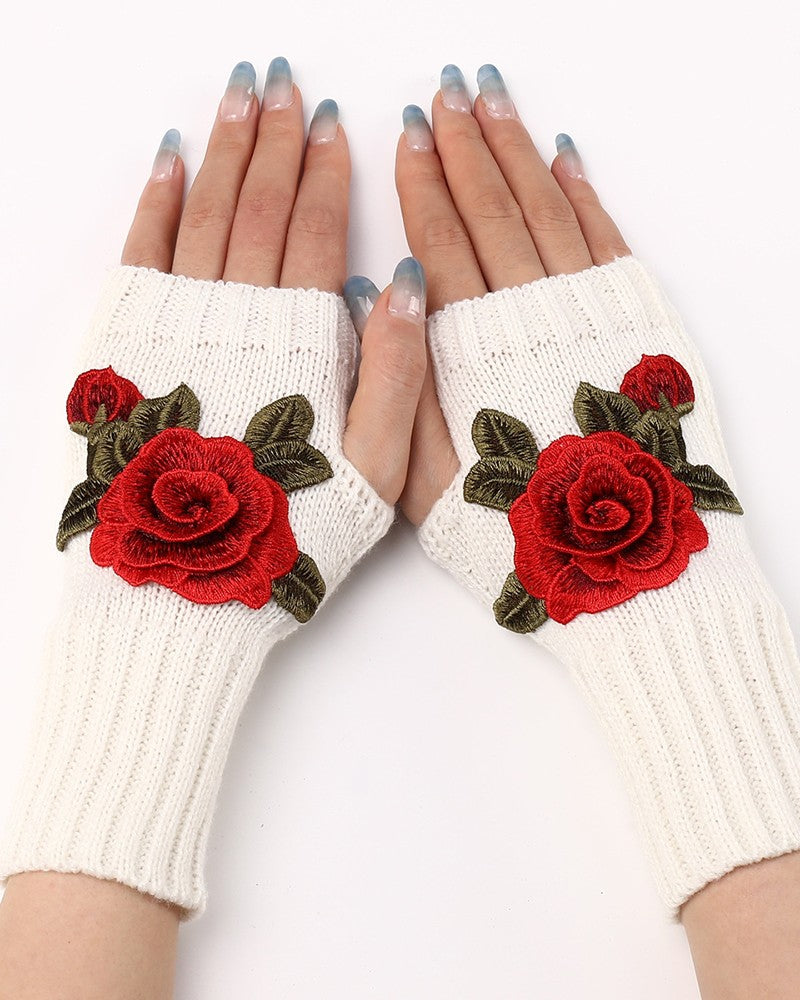 1Pair Floral Embroidery Fingerless Winter Knit Warm Gloves