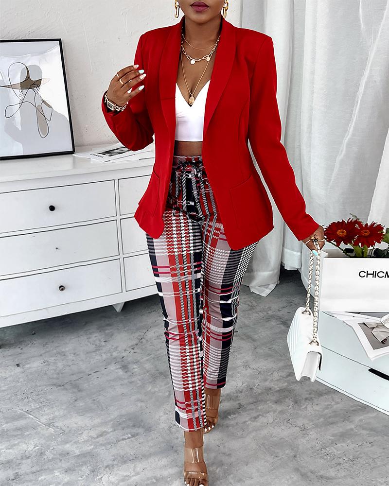 Shawl Collar Single Button Blazer & Plaid Pants Set