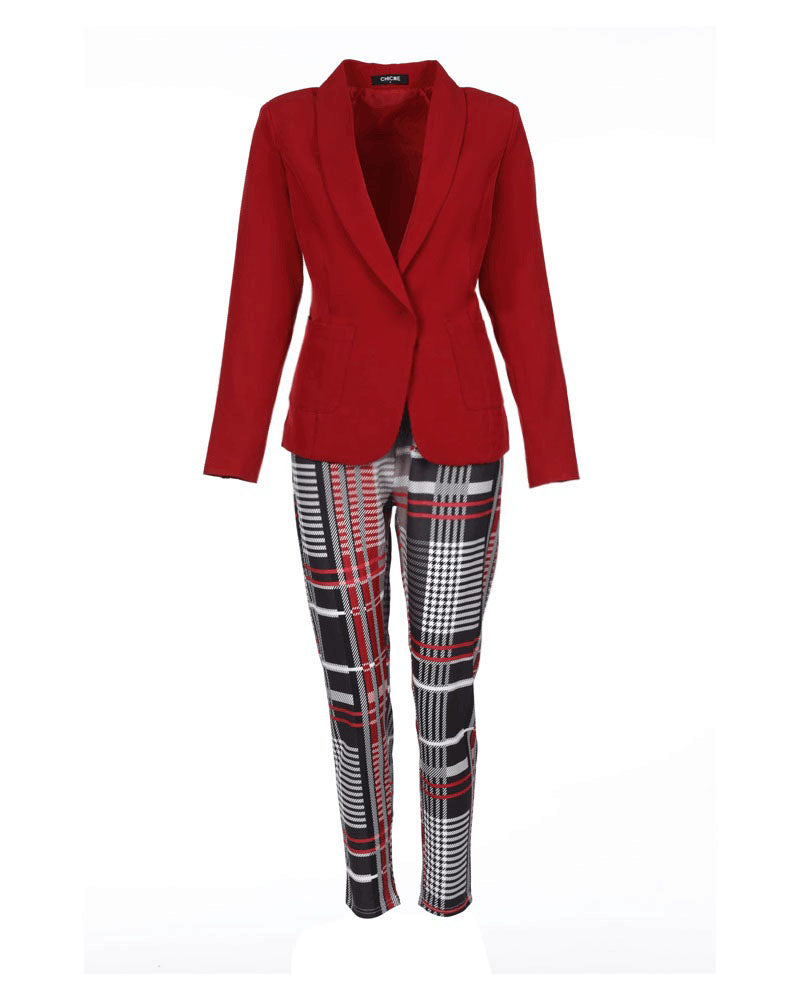Shawl Collar Single Button Blazer & Plaid Pants Set