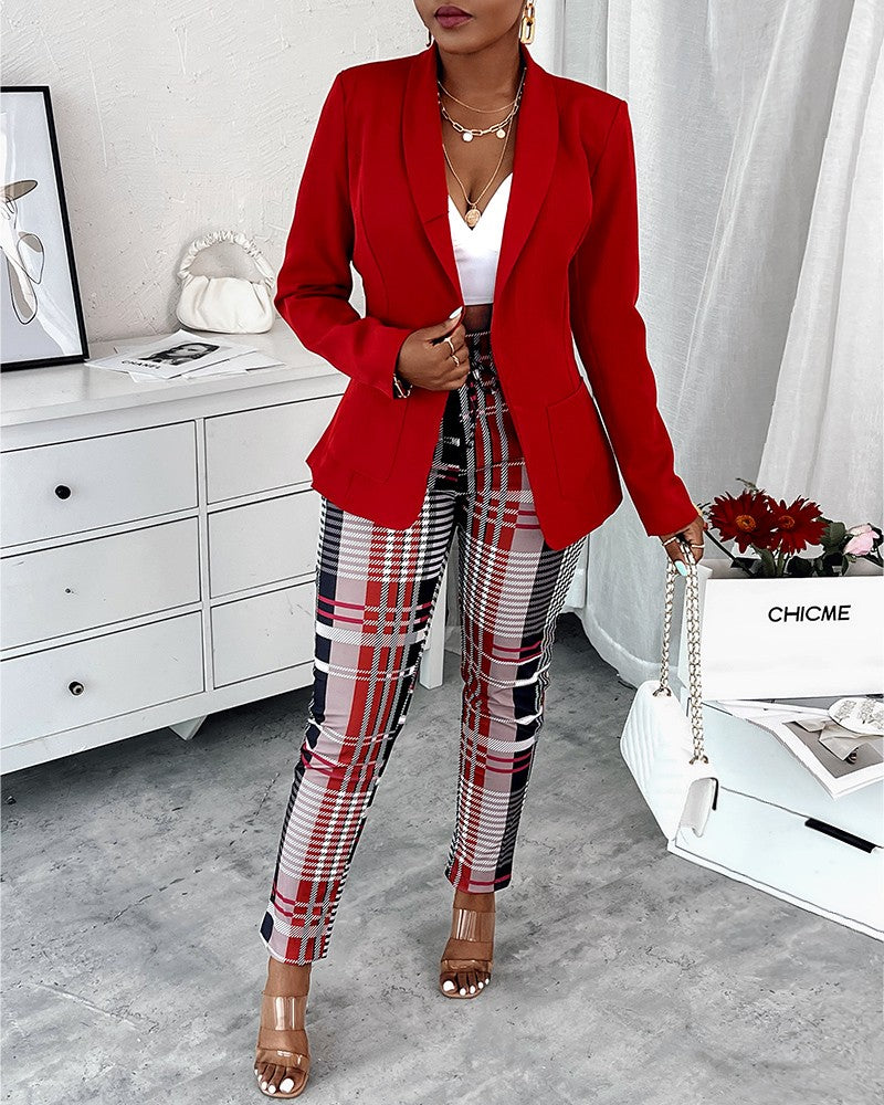 Shawl Collar Single Button Blazer & Plaid Pants Set