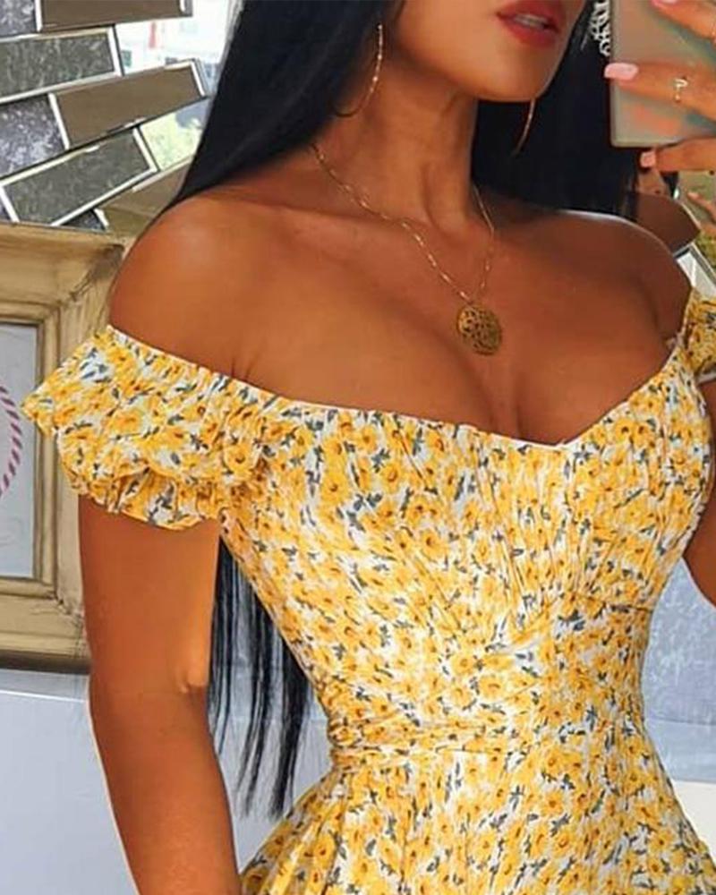 Ditsy Floral Print Off Shoulder Ruffle Hem Dress