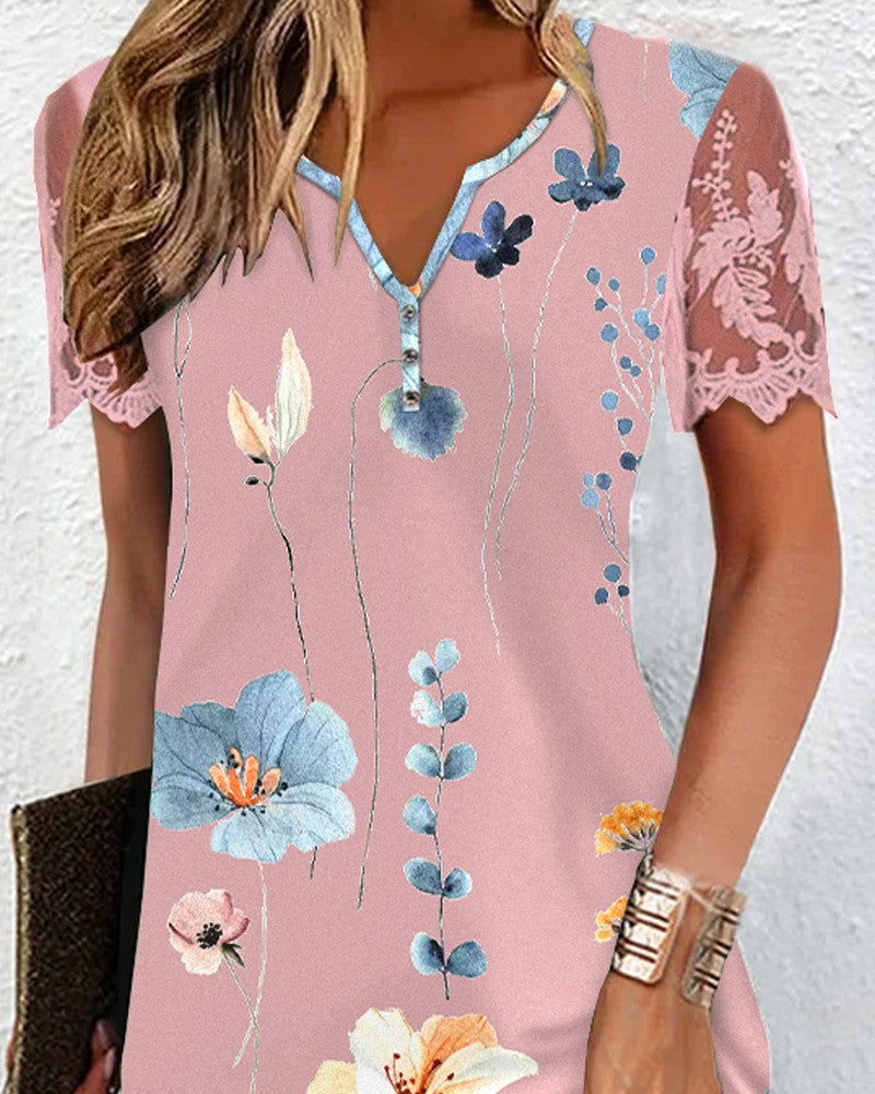 Floral Print Lace Patch Casual Dress
