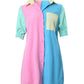 Button Front Pocket Design Colorblock Shirt Dress