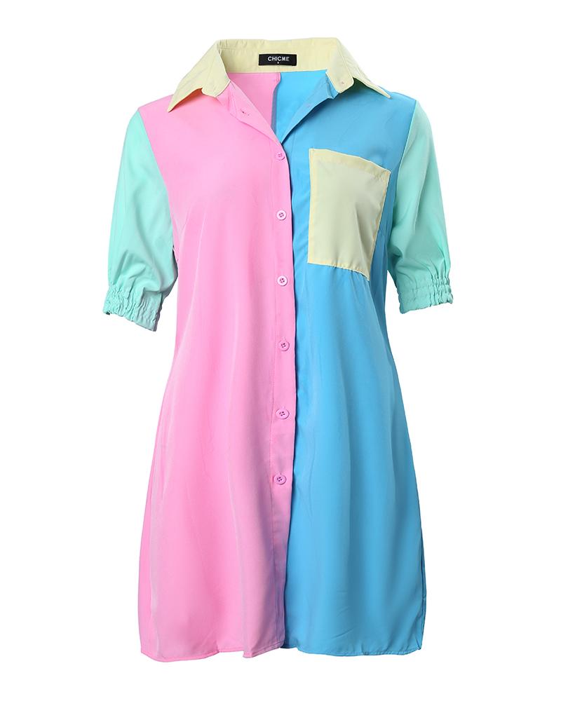 Button Front Pocket Design Colorblock Shirt Dress