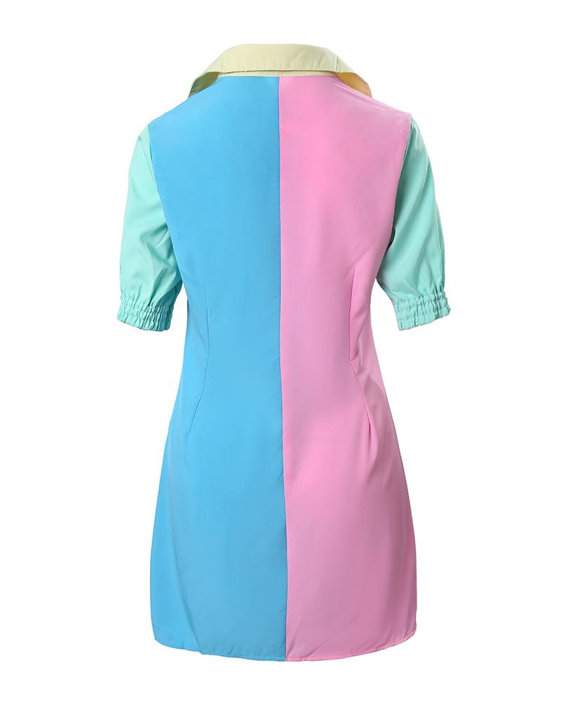 Button Front Pocket Design Colorblock Shirt Dress