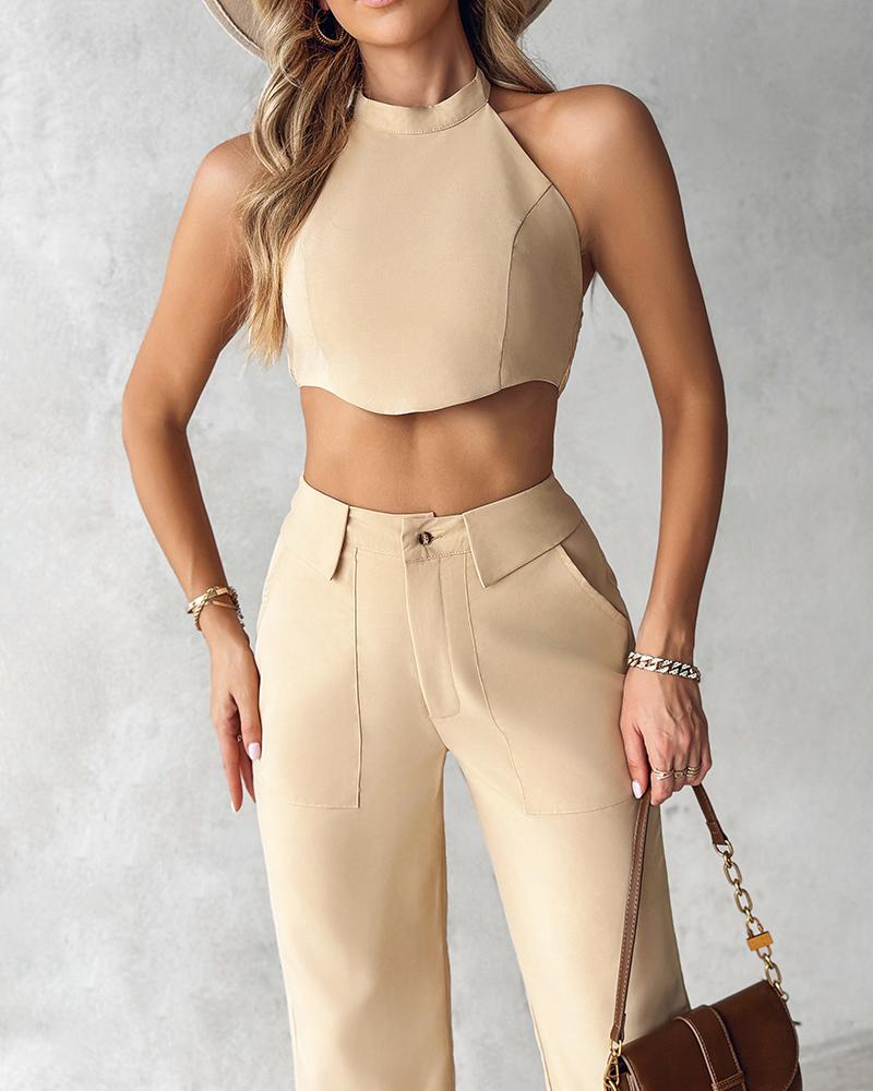 Halter Shirred Crop Top & Pocket Design Pants Set