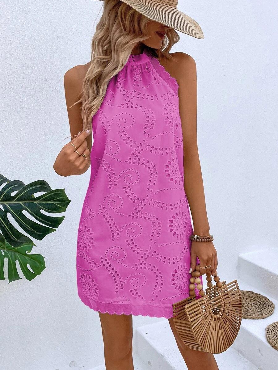 Scallop Trim Eyelet Embroidery Casual Dress
