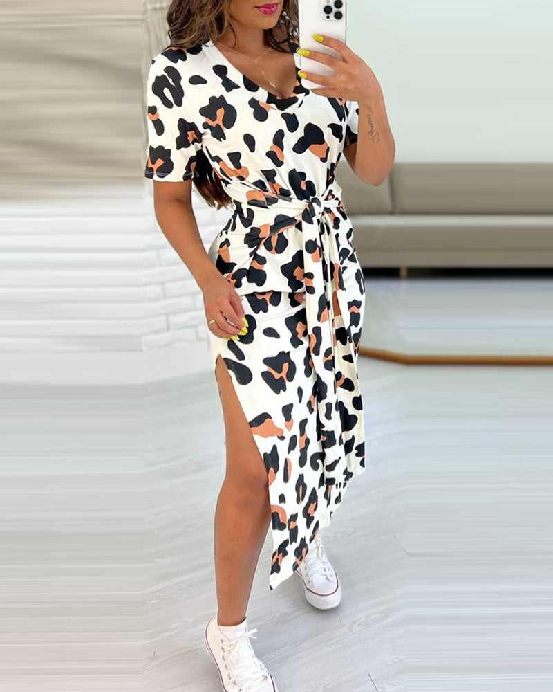 Leopard Print Tied Detail Slit Casual Dress
