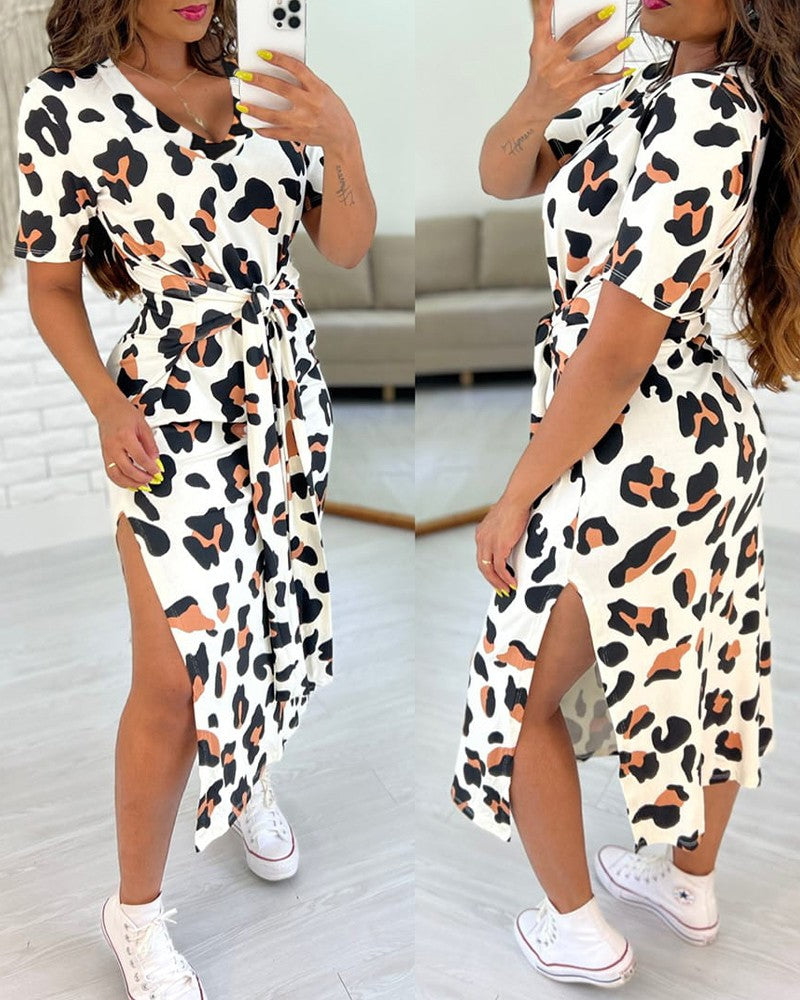 Leopard Print Tied Detail Slit Casual Dress
