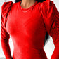 Glitter Ruched Gigot Sleeve Bodycon Dress