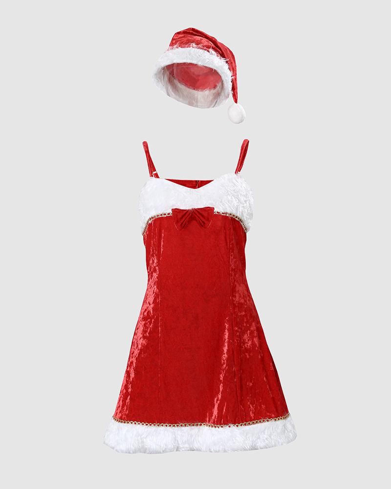 Christmas Velvet Fuzzy Hem Bowknot Decor Party Dress