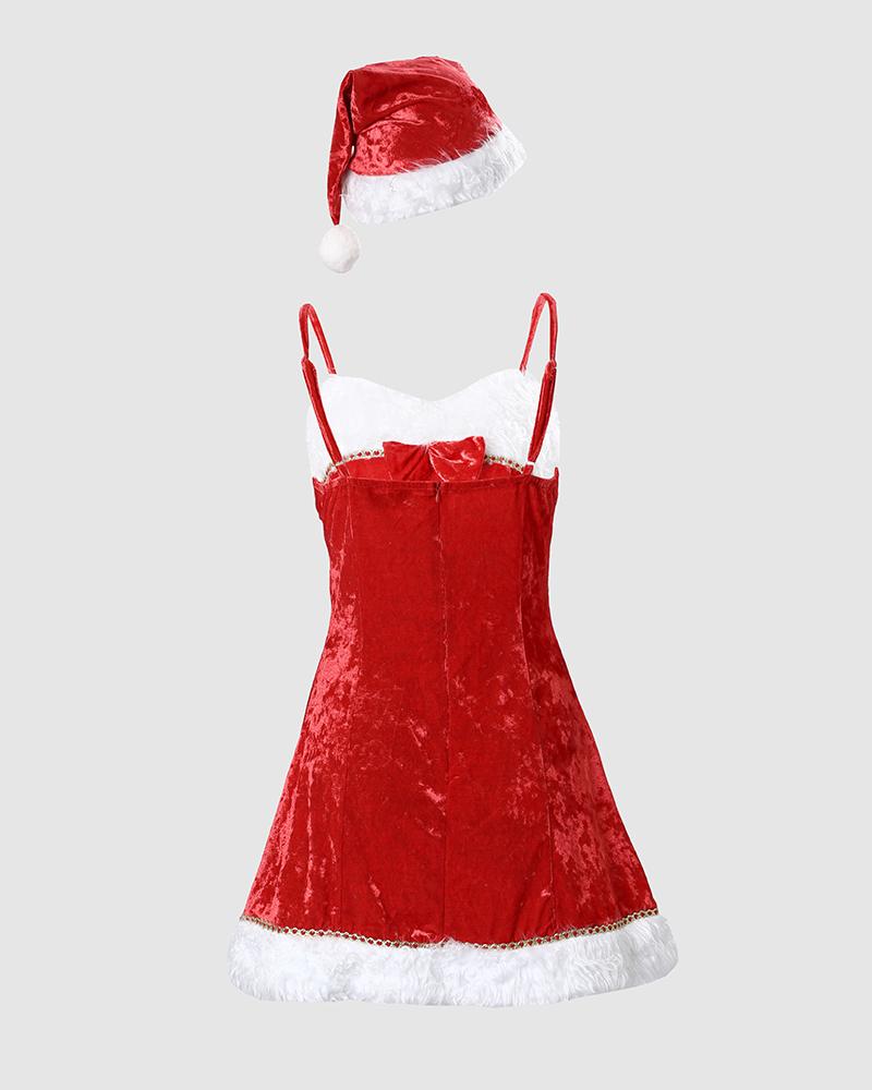 Christmas Velvet Fuzzy Hem Bowknot Decor Party Dress