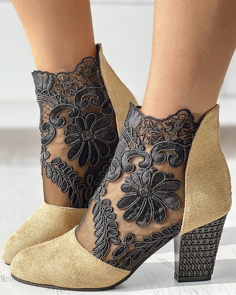 Lace Patch Floral Pattern Chunky Heel Ankle Boots