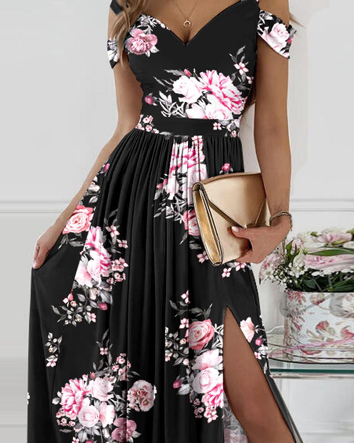Floral Print Cold Shoulder High Slit Maxi Dress