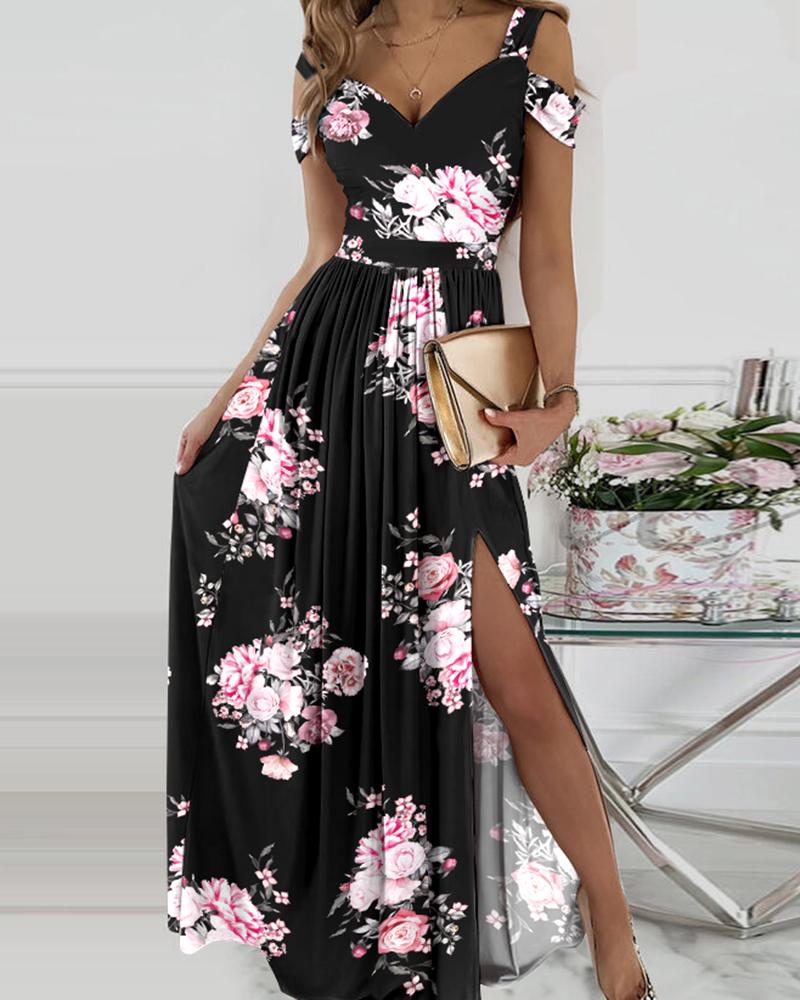 Floral Print Cold Shoulder High Slit Maxi Dress