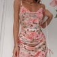 Floral Print Cowl Neck Drawstring Ruched Dress