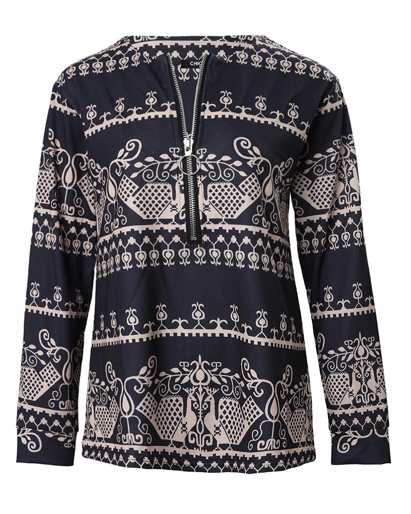 Tribal Print Zip Detail Long Sleeve Top