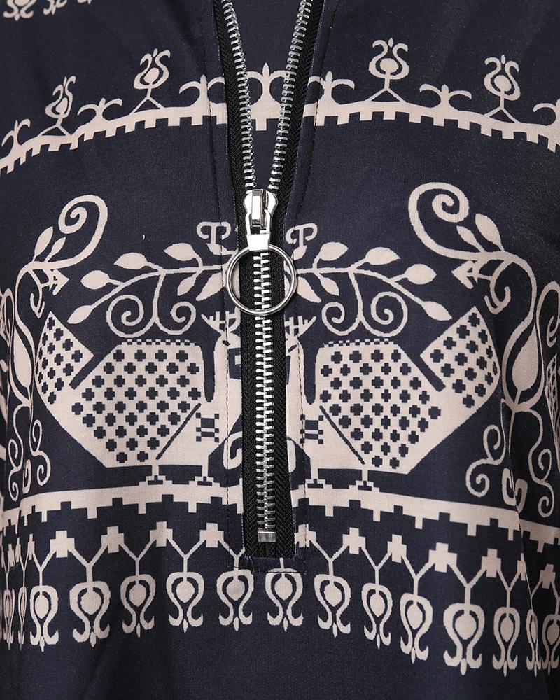 Tribal Print Zip Detail Long Sleeve Top