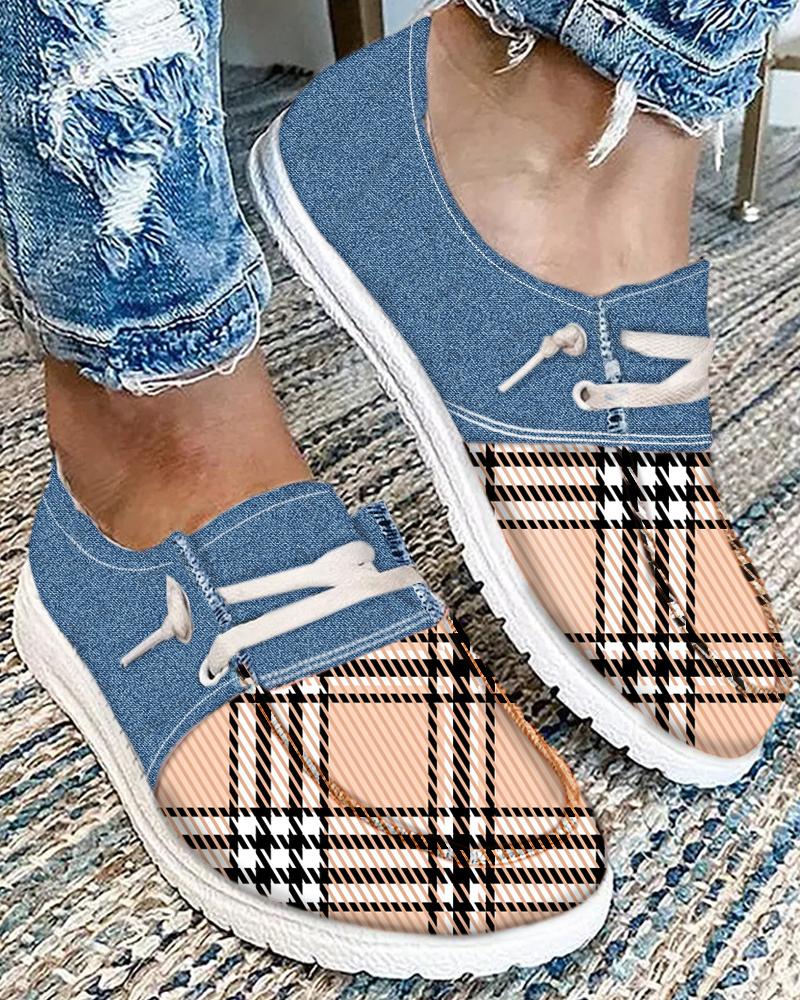 Plaid Print Colorblock Lace up Slip On Sneakers