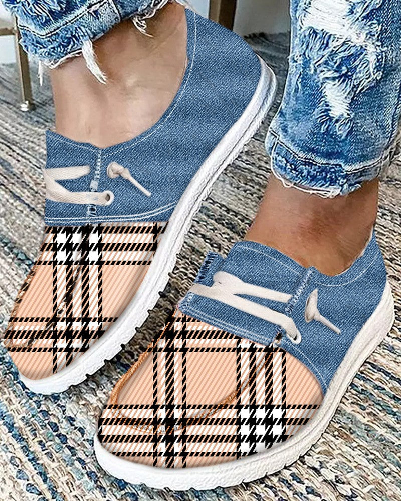 Plaid Print Colorblock Lace up Slip On Sneakers