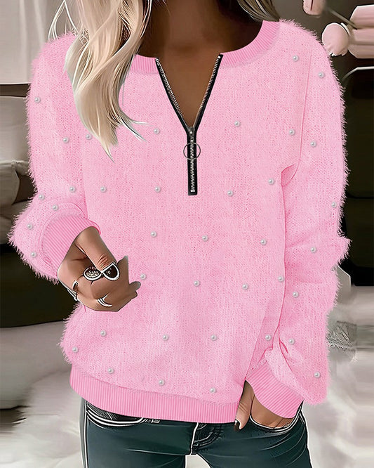 Zipper Design Pearls Decor Fuzzy Top