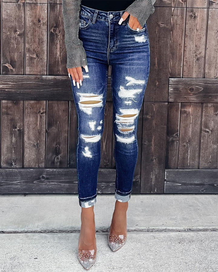 Zipper Fly Cutout Ripped Skinny Jeans