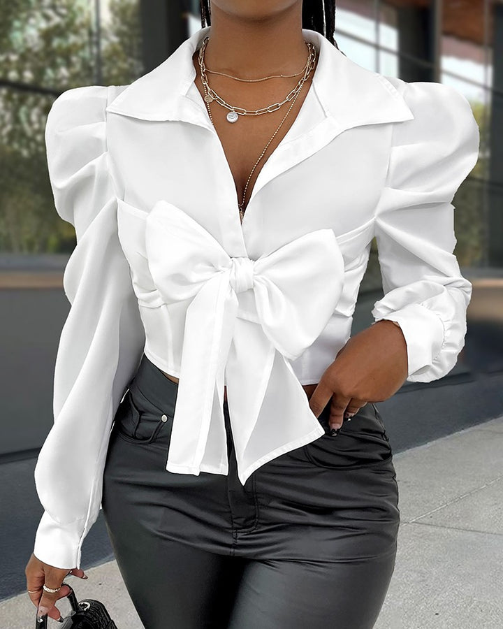Buttoned Puff Sleeve Tied Detail Top