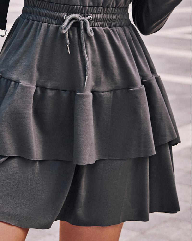 Heart Patchwork Hooded Drawstring Waist Layered Dress