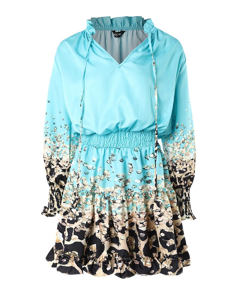 Contrast Leopard Print Ruffles Long Sleeve Dress