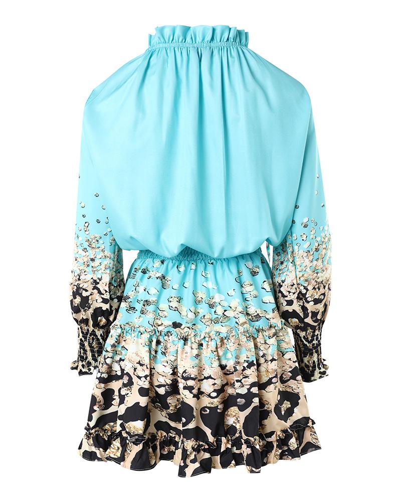 Contrast Leopard Print Ruffles Long Sleeve Dress