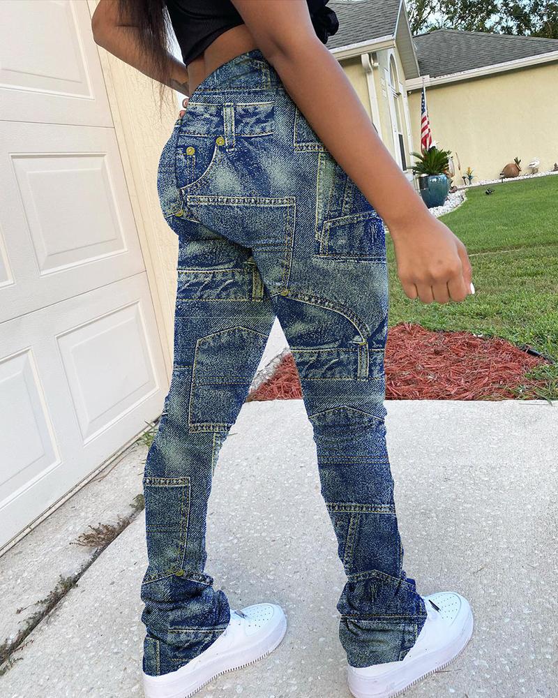 Plus Size Denim Print High Waist Pants