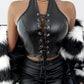 PU Leather Halter Eyelet Lace Up Crop Top