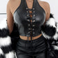 PU Leather Halter Eyelet Lace Up Crop Top