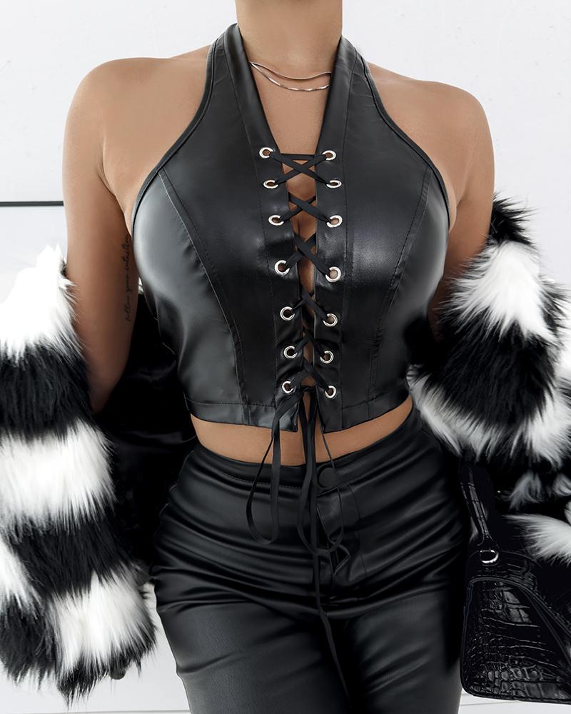 PU Leather Halter Eyelet Lace Up Crop Top