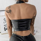 PU Leather Halter Eyelet Lace Up Crop Top