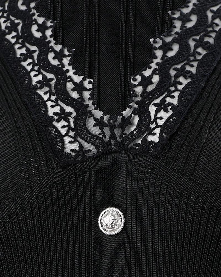 Contrast Lace Button Decor Bodycon Dress