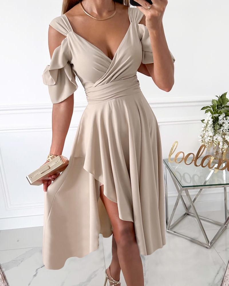 Cutout Ruched Ruffle Hem Asymmetrical Party Dress