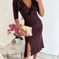 Slit Ruffles Deep V Neck Midi Dress