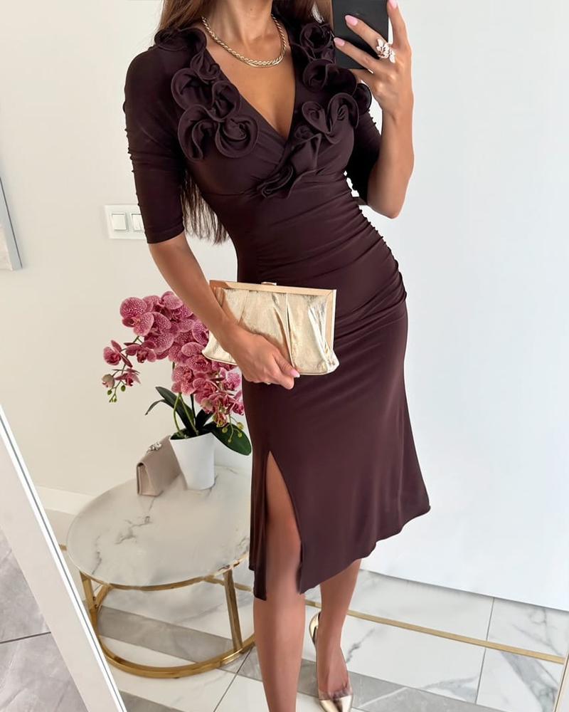 Slit Ruffles Deep V Neck Midi Dress